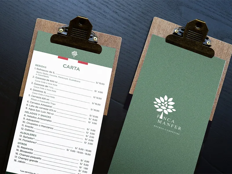 Diseño de menú para restaurante realizado para Finca Manfer.