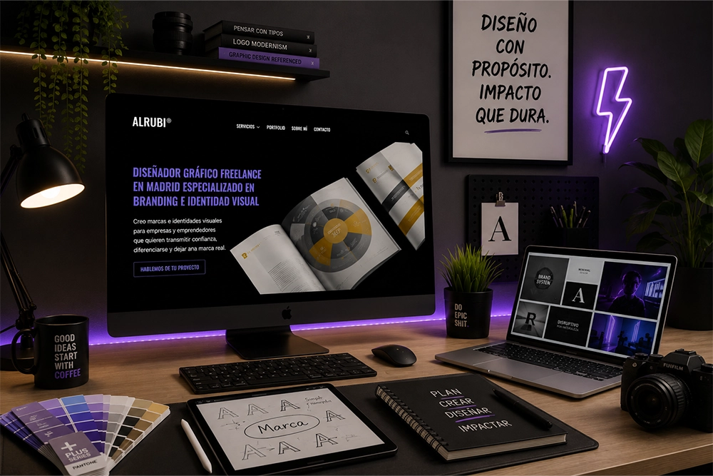 Espacio de trabajo de un diseñador gráfico freelance especializado en branding, identidad visual y diseño gráfico para empresas.