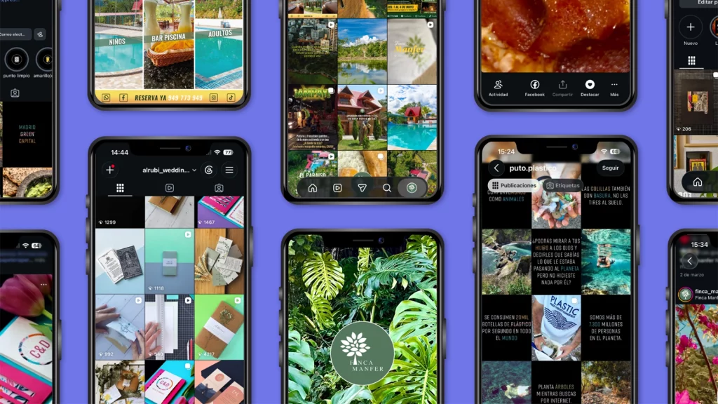 Portfolio de proyectos de diseño para redes sociales con perfiles de Instagram desarrollados para diferentes empresas y marcas.